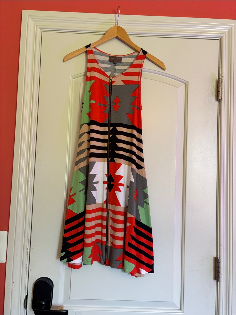 BEL KAZAN Sleeveless Tribal Print Dress - Red/Green/Gray. Zippered front. Small